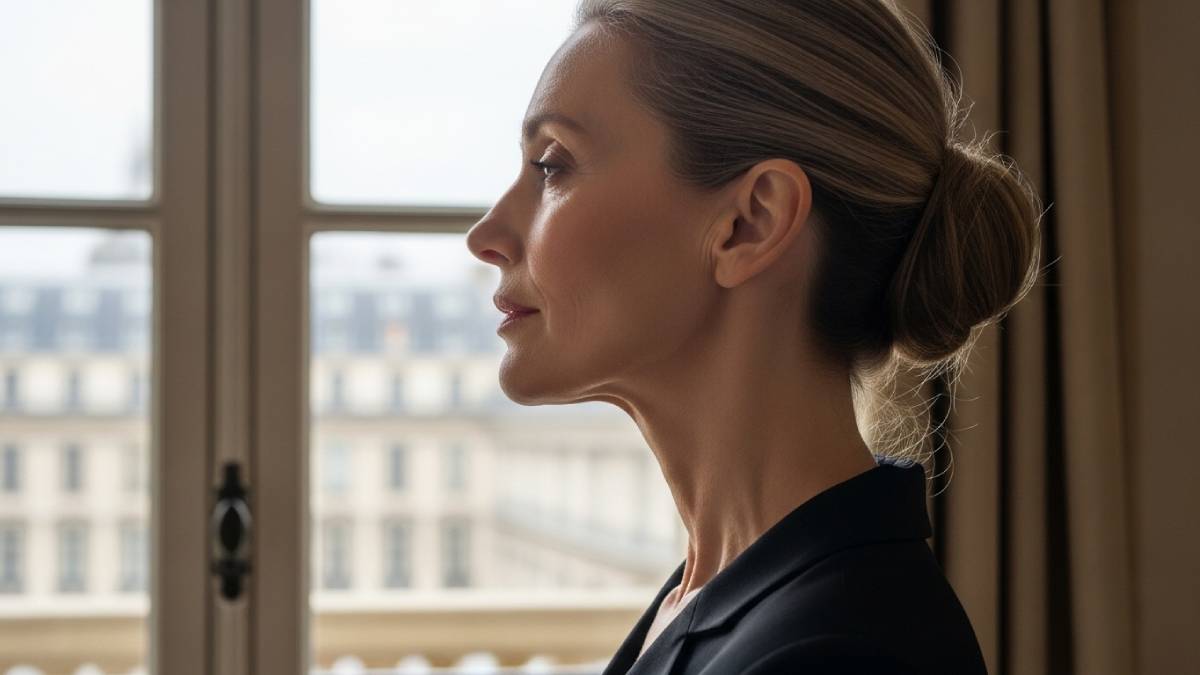 Résultat naturel d'un lifting du cou redéfinissant l'ovale du visage et l'angle cervico-mentonien chez une patiente à Paris 16.