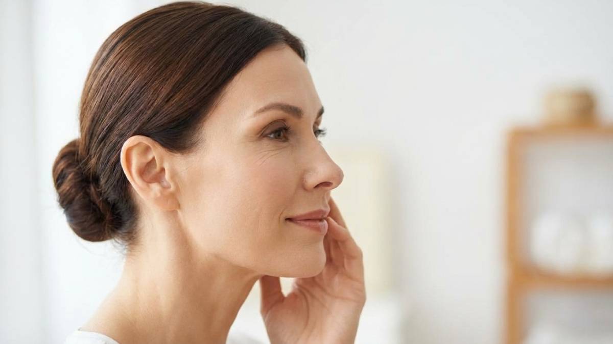 Femme confiante au visage ferme, vue de profil, souriante, évoquant un rajeunissement naturel.