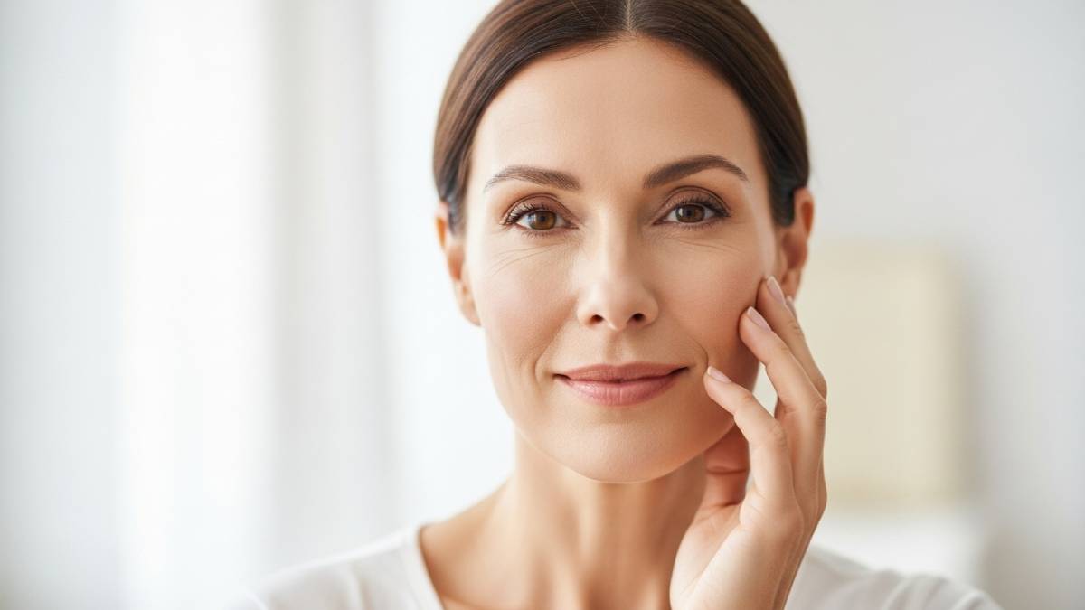 Femme confiante au visage ferme, souriante, évoquant un rajeunissement naturel.